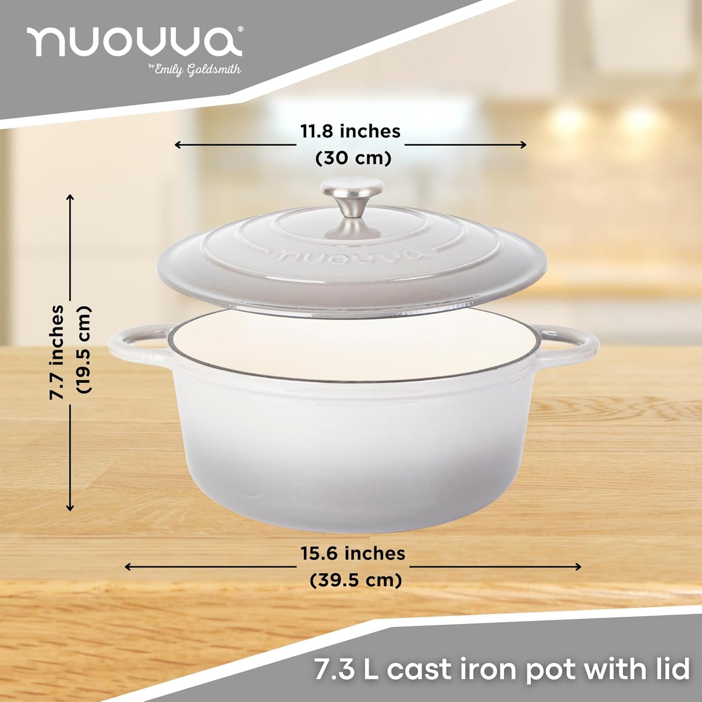 Cast Iron Dutch Oven with Lid – Non-Stick Ovenproof Enamelled Casserole Pot – Sturdy Dutch Oven Cookware – Grey, 7.3-Quart, 30cm – by Nuovva