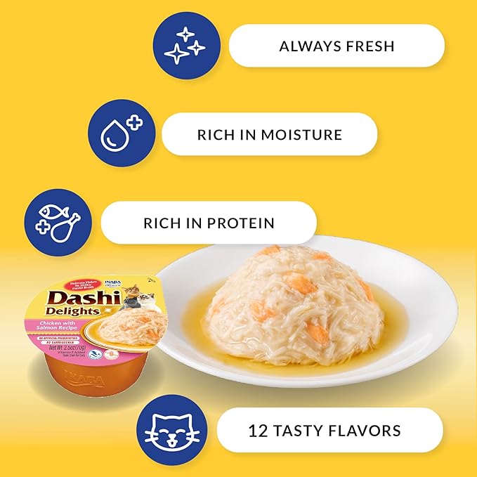 INABA Dashi Delights for Cats, 2.5 Ounce Cup, 6 Cups Total, Chicken with Salmon Recipe