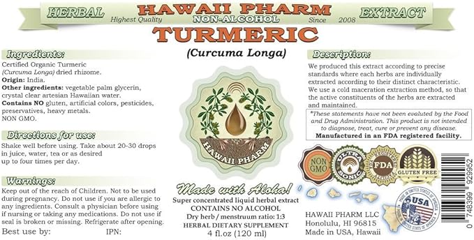 Turmeric Alcohol-Free Liquid Extract, Organic Turmeric (Curcuma Longa) Dried Rhizome Glycerite Natural Herbal Supplement, Hawaii Pharm, USA 4x4 fl.oz