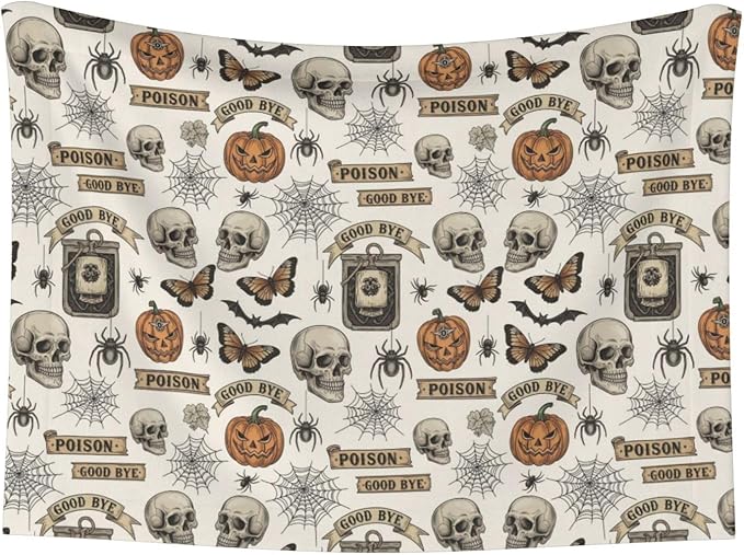 Double Sided Plush Pet Blanket for Small Large Animals, Vintage Skull Skeleton Spider Web Witch Board Gothic, Reversible Throw with Dimpled Dot Side and Flat Side for Kennels Living Rooms