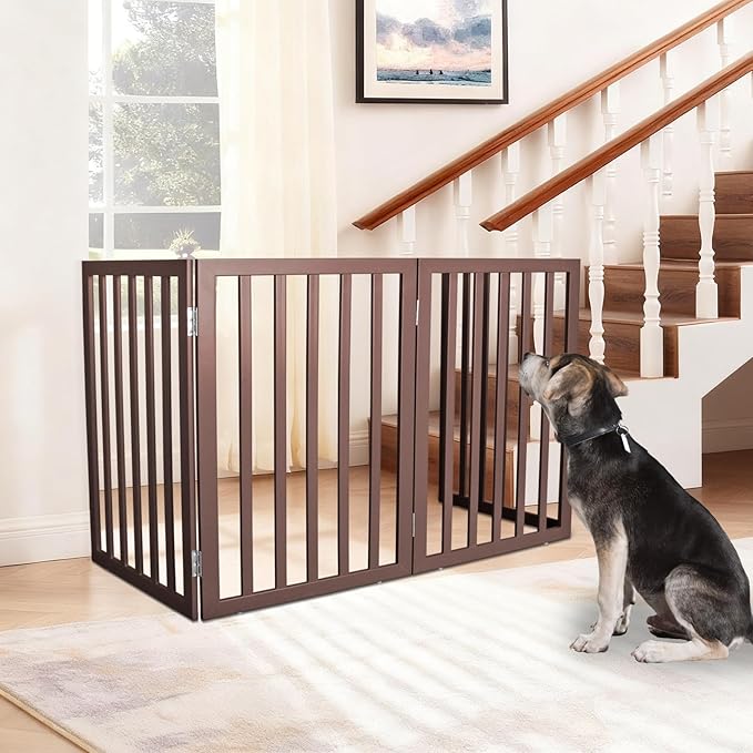 ZJSF Freestanding Indoor Dog Gate for House Foldable Wood Brown Puppy Gate for Doorways Pet Gate for Stairs Extra Wide Pet Fence 32" Height 4 Panels