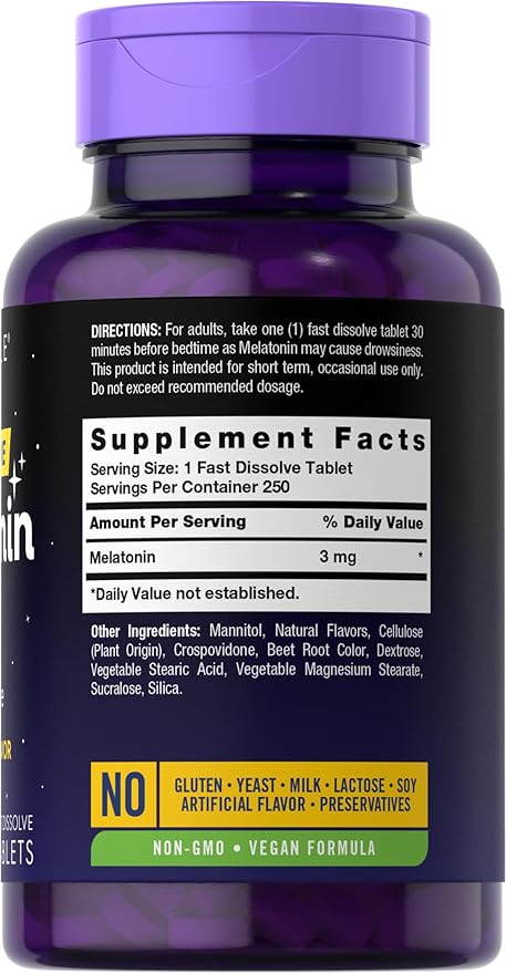 Carlyle Melatonin 3mg Fast Dissolve Tablets | 250 Count | Low Dose and Drug Free | Vegan, Non-GMO, Gluten Free
