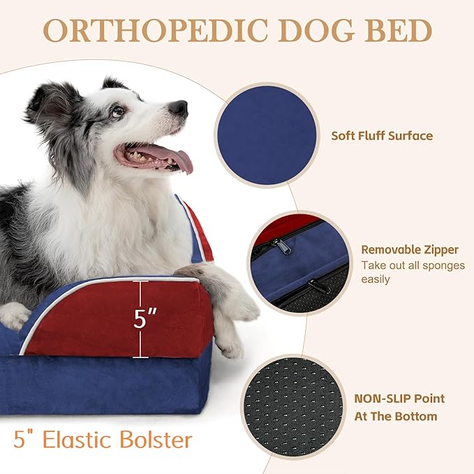 Comfort Expression Orthopedic Dog Bed for Large Dogs 36x27 Inch, Waterproof Egg Crate Foam Large Pet Bed with Removable Bolsters, Dog Couch with Washable Cover & Non-Slip Bottom, American Flag 4