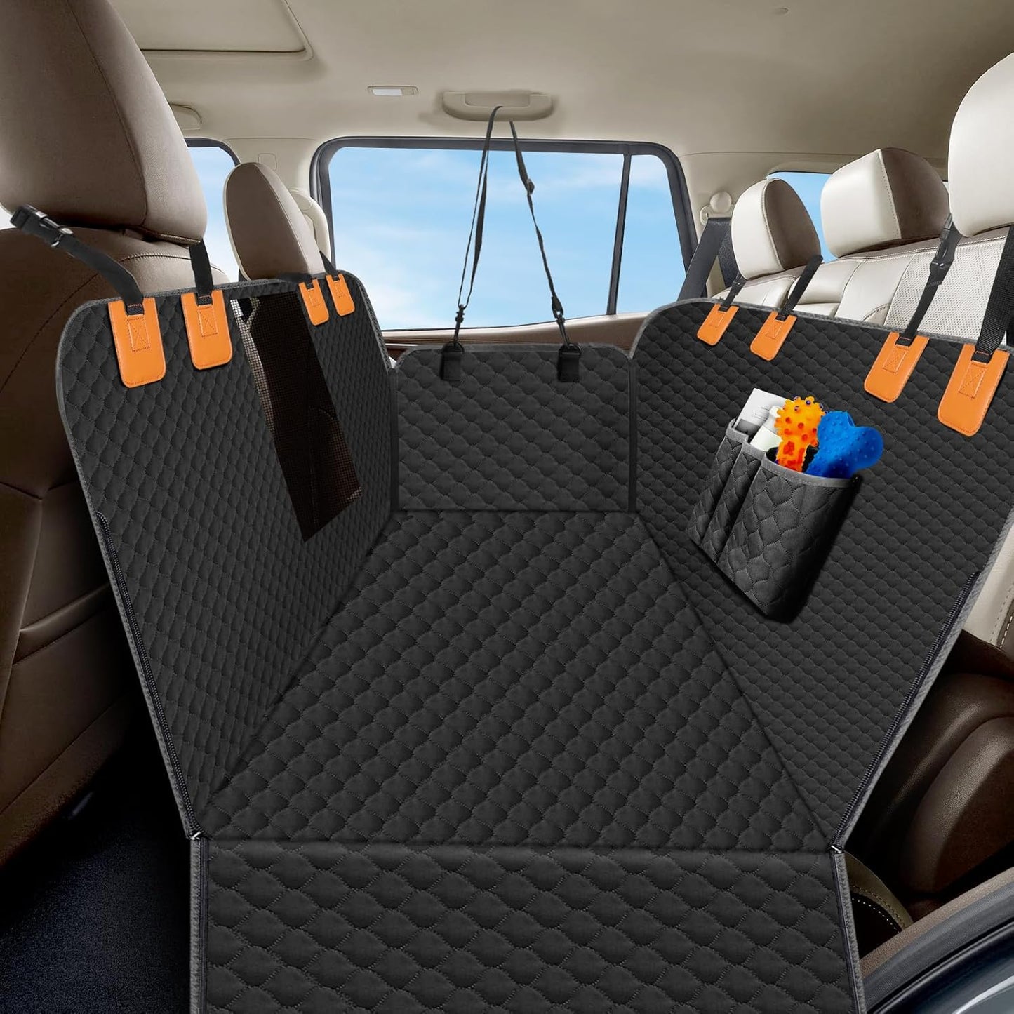 Dog Car Seat Cover for Back Seat, Waterproof Protector with Side Flaps, Scratchproof Hammock, Non-Slip Bottom for Cars/Trucks/SUVs (Black+Grey)