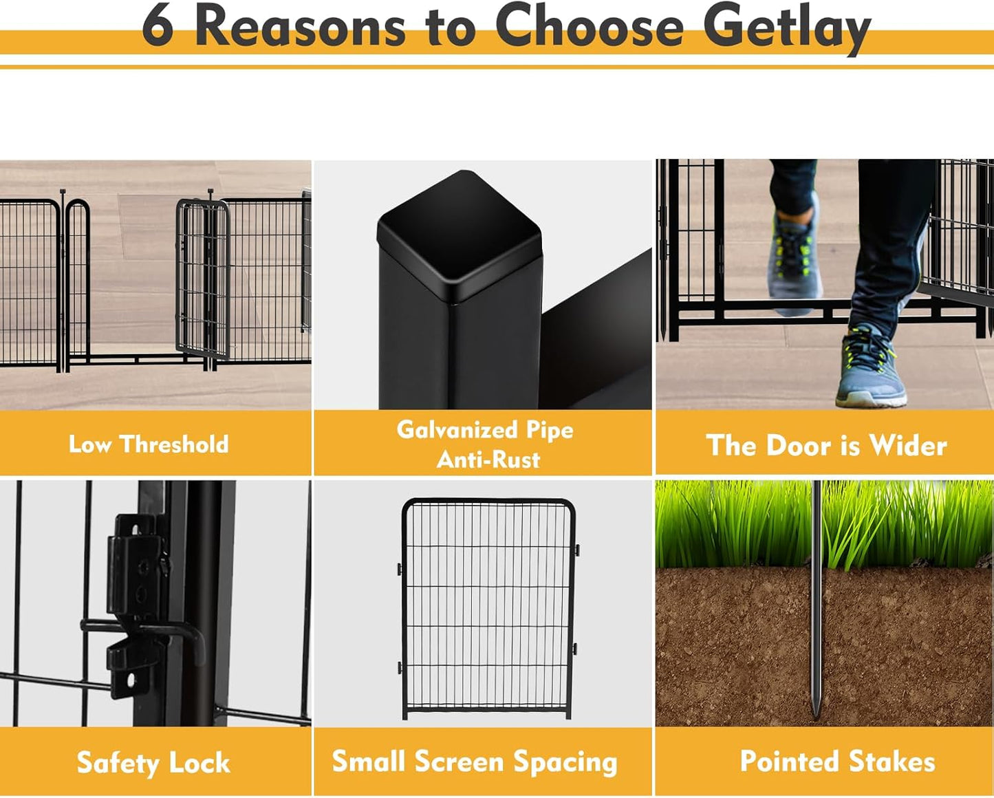 Dog Playpen 36inch 4 Panels, Puppy Playpen Indoors, Dog Fences Outdoor for Yard, Wide Door Low Threshold Garden Fencing for Medium/Large Pets. Black Pens Total 8.9 Ft(L)