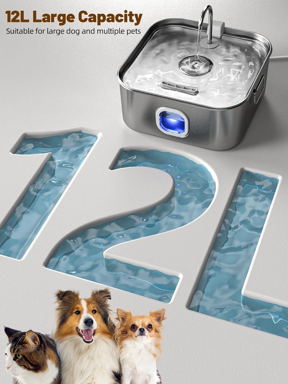 Dog Water Fountain Stainless Steel, 410oz/3.2Gal/12L Large Pet Water Fountain for Large Dog, Dog Water Bowl Dispenser with Water Level Window & LED Indicator, Super Quiet for S-L Dogs and Multi-Pet