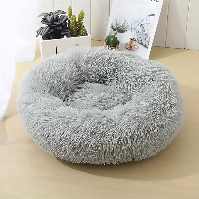 Calming Dog Bed for Small Dogs, Calming Donut Cuddler Pet Bed Anti Anxiety Round Dog Bed Fluffy Plush Faux Fur Cat Bed,Gradient Grey,31.5IN