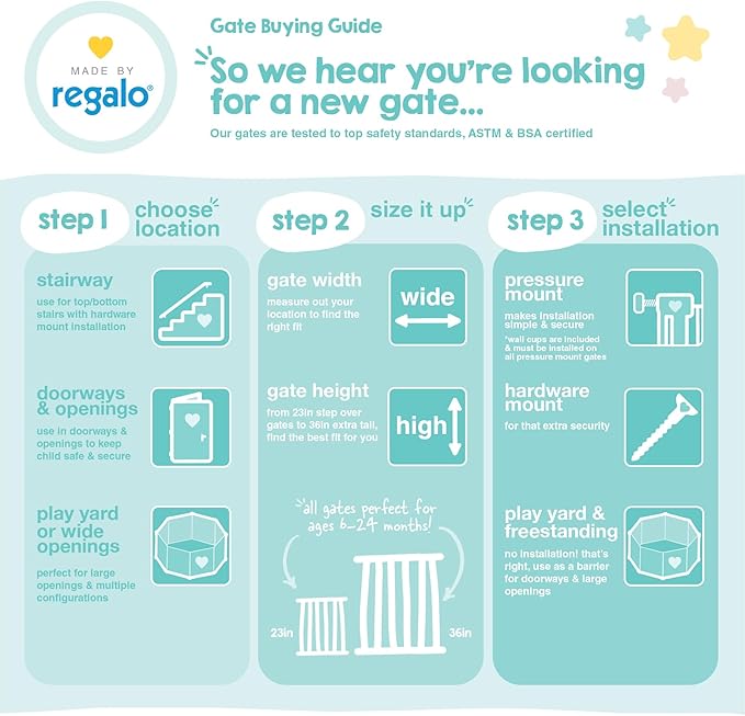Regalo Safety 30.5-58" Extra Wide Arch Baby Gate with Door, Pressure Mount Walk Through Gate for Doorways & Bottom of Stairs, Babies, Toddlers & Pets, Tested & Safe, American Designed, American Owned