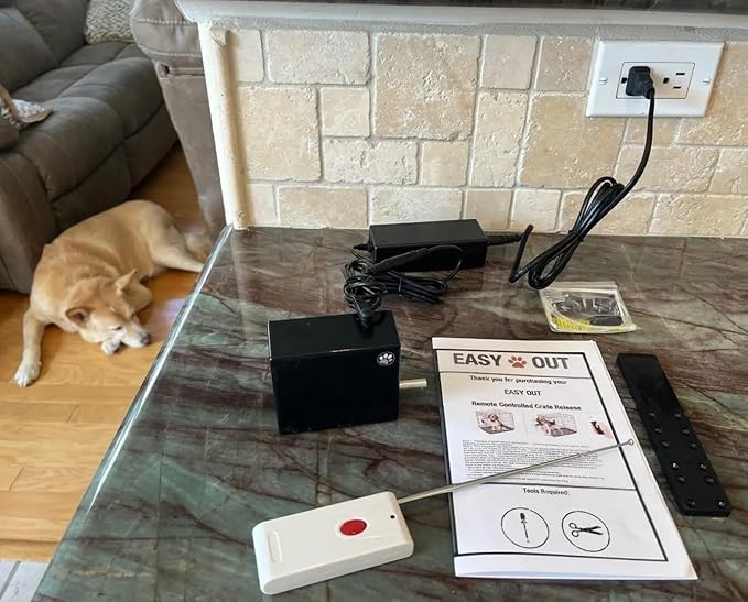Easy Out Automated Pet Crate Opener for Single or Double Latch Crates, Activated by Remote Control or Wi-Fi Smart Plug, Model EOD1