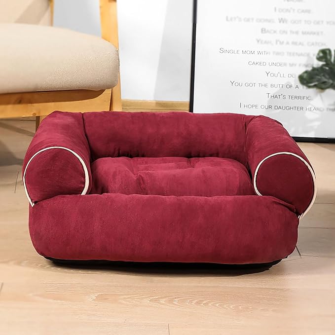Suede Sofa Dog Bed, Multiple Sizes Orthopedic Memory Foam Mattress, Durable and Calming, Washable Dog Bed with Anti-Slip Bottom XL Claret