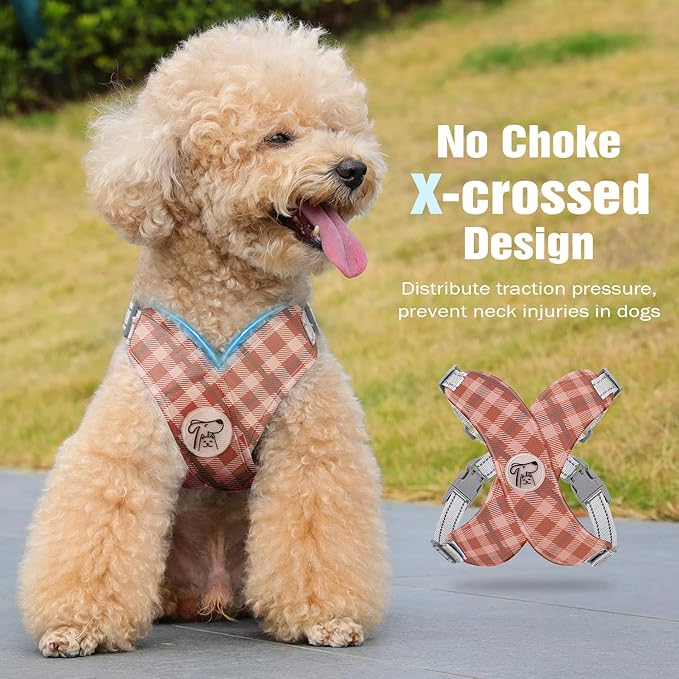 Pawaboo Small Dog Harness and Leash Set, Puppy Harness X-Frame No Pull No Choke, Dog Vest Harness Adjustable for Small Medium Sized Dogs,Soft Breathable Pet Harness for Walking Outing, S, Khaki Plaid