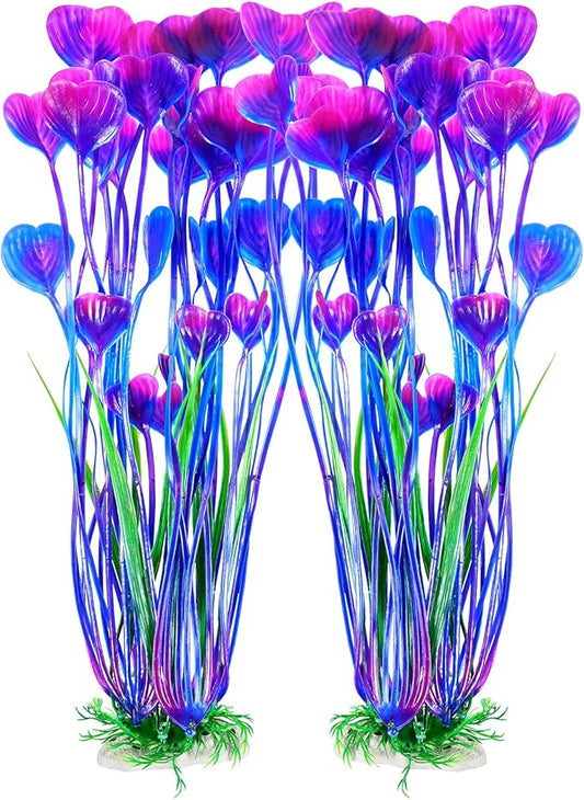 AQUANEAT Artificial Fish Tank Plants, Plastic Aquarium Accessories Large, 15.5 inch Purple Decorations, 2pcs