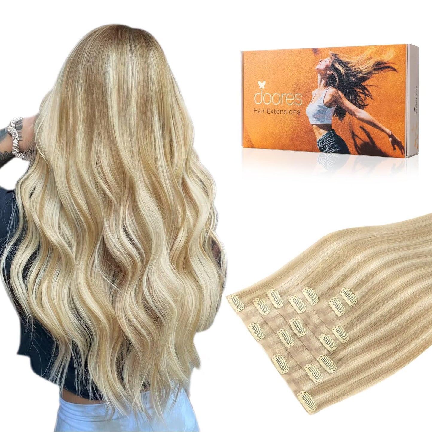 Doores Clip In Hair Extensions, Seamless Dark Blonde Highlighted Bleach Blonde 22 Inch 150G 7Pcs Straight Virgin Hair Extensions