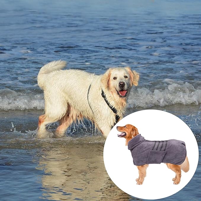 Geyecete Dog Bathrobe Towel Dog Drying Coat - Pineapple Grid Fast Drying Super Absorbent Pet Dog Cat Bath Robe Towel - Gray, Medium