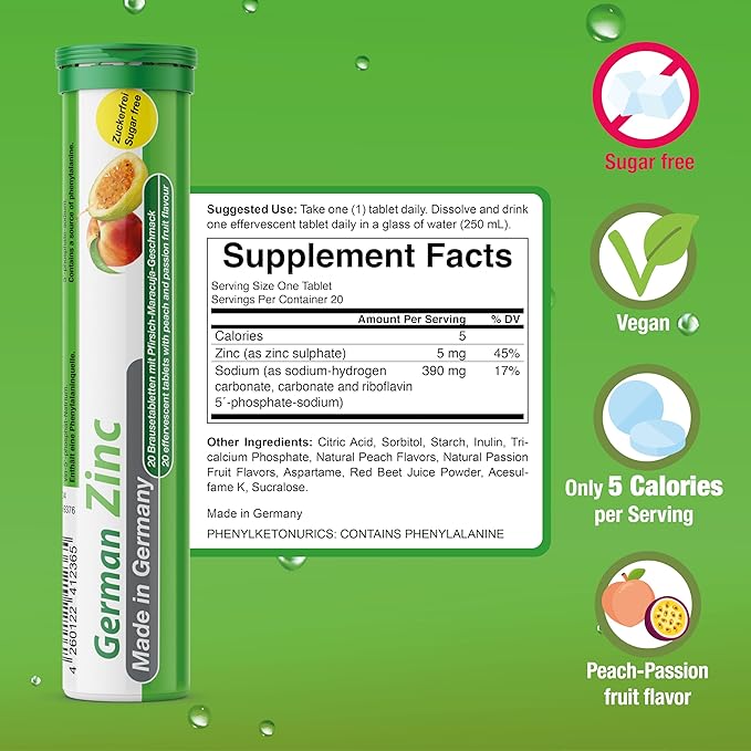 German Zinc 60 Drink Effervescent Tablets - Peach and Passion Fruit Flavour - 5 mg Zinc, Sugarfree, Vegan - T&D Pharma – Made in Germany