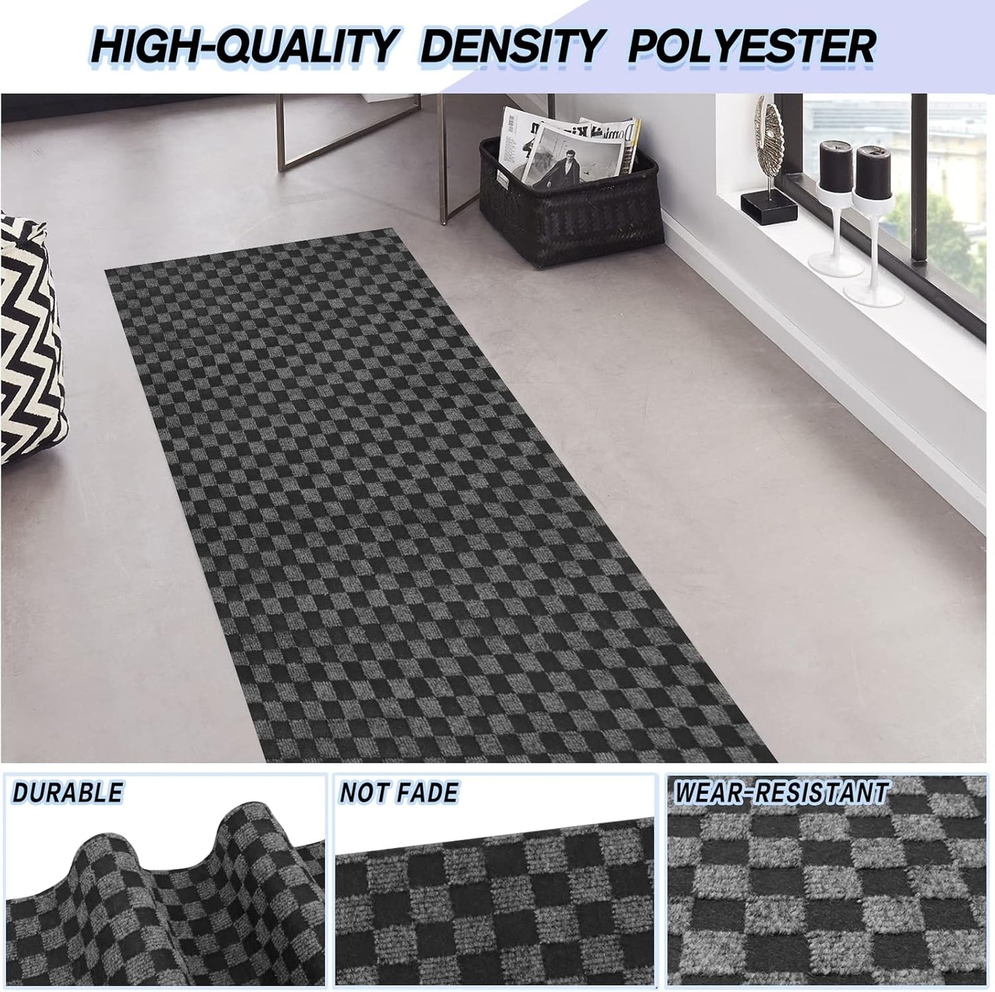 Custom Size Backed Non-Slip Area Rugs Runner, Easy Clean, Waterproof Runner Rugs for Hallway Entryway, Kitchen, Laundry, 2FT x 51FT, Gray Checkered