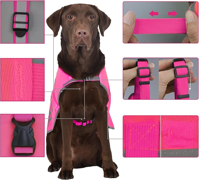 Customised Pink Reflective Dog Vest for Medium Breeds,High Visibility Dog Safety Vest Harness with Removable Bell Keep Safe from Hunting, Training & Cars Accidents