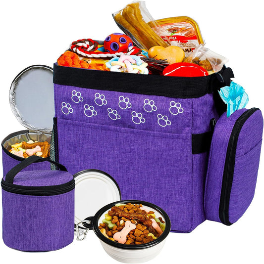Dog Travel Bag with Treat Pouch, Airline Approved Dog Bags for Traveling, 2 Dog Food Travel Container, 2 Travel Bowls, Weekend Dog Travel Bag for Supplies, Dog Travel Kit Accessories