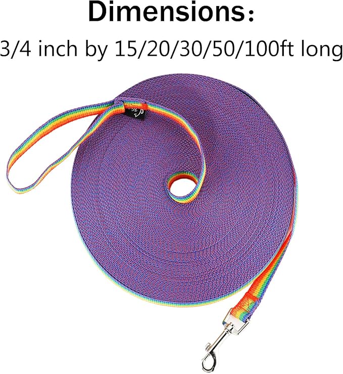 Hi Kiss Dog/Puppy Obedience Recall Training Agility Lead - 15ft 20ft 30ft 50ft 100ft Training Leash - Great for Training, Play, Camping, or Backyard (15 Feet, Rainbow)