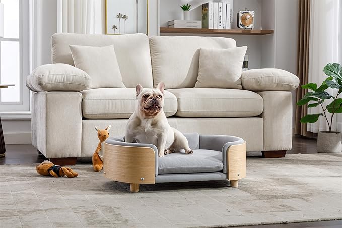 Dog Crate Furniture Elevated Pet Sofa Bed with Solid Wood Legs - Mid Size Indoor Dog House Kennel Cage for Medium Dogs,LIGHTGREY