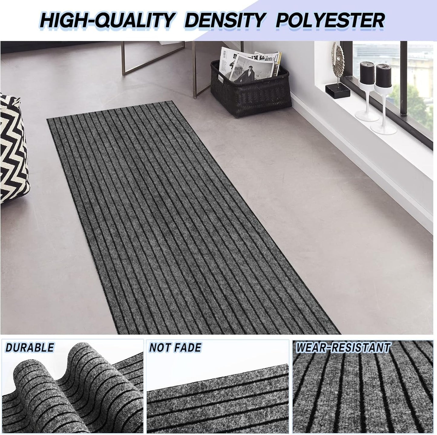 Custom Size Backed Non-Slip Area Rugs Runner, Easy Clean, Waterproof Runner Rugs for Hallway Entryway, Kitchen, Laundry, 2FT x 34FT, Gray Stripe