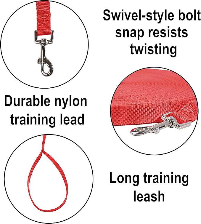 Hi Kiss Dog/Puppy Obedience Recall Training Agility Lead - 15ft 20ft 30ft 50ft 100ft Training Leash - Great for Training, Play, Camping, or Backyard (30 Feet, Red)
