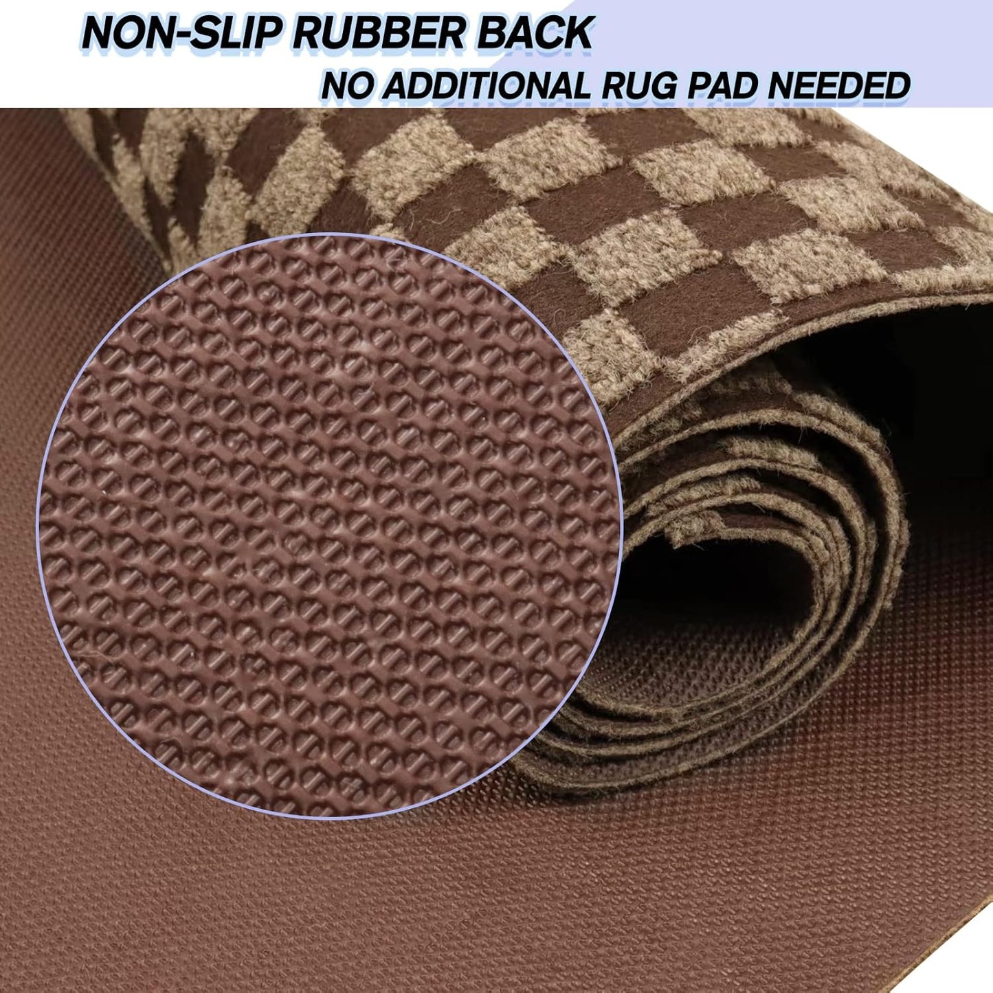 Custom Size Backed Non-Slip Area Rugs Runner, Easy Clean, Waterproof Runner Rugs for Hallway Entryway, Kitchen, Laundry, 4FT x 13FT, Brown Checkered