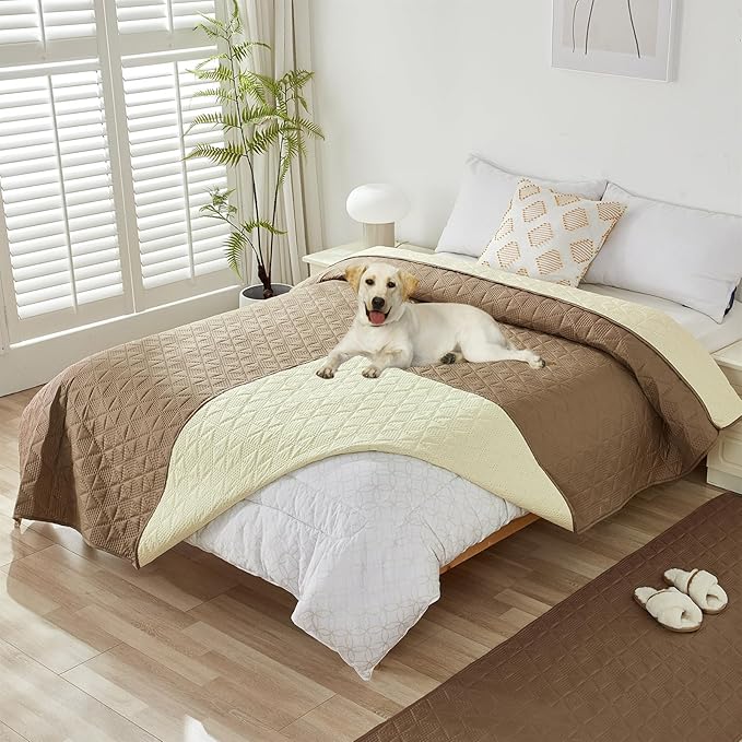 GIBZ Water Resistant Dog Bed Blanket Cover Large Anti Slip Pet Furniture Protector Washable Cat Quilted Mat for Couch, Khaki, 130x210cm
