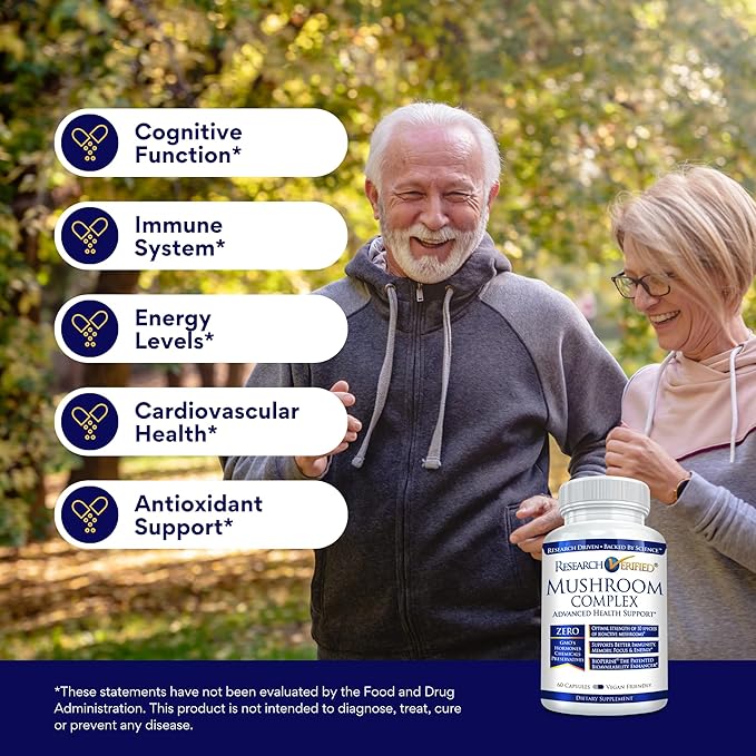 Research Verified Mushroom Complex - Support Immunity, Boost Antioxidants, Improve Cognitive Function - 10 Mushrooms Including Reishi, Maitake, and Shiitake - 180 Capsules - Vegan