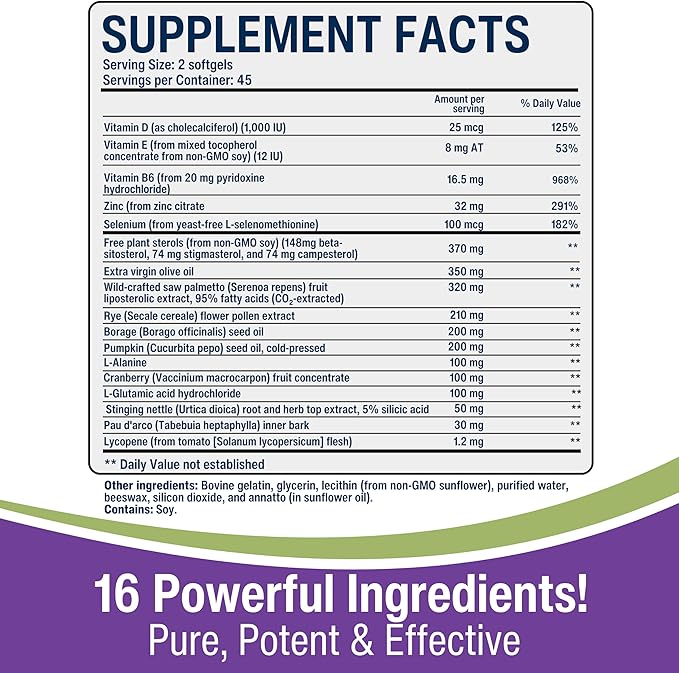 New Roots | Prostate Supplement with Super Blend of 16 Powerful Herbals: Saw Palmetto, Plant Sterols, Rye Flower, Borage Oil, Cranberry, Olive Oil, Selenium, and More (30 Softgels) - Urinary Health