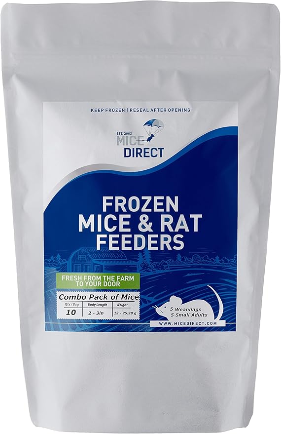 MiceDirect 10 Frozen Mice Combo Pack of 5 Weanlings and 5 Small Adult Feeders Snake Food for Mice for Adult Sand Boa Corn Milk Snakes (2-3 in)(Pack of 10)(160 Grams Min)