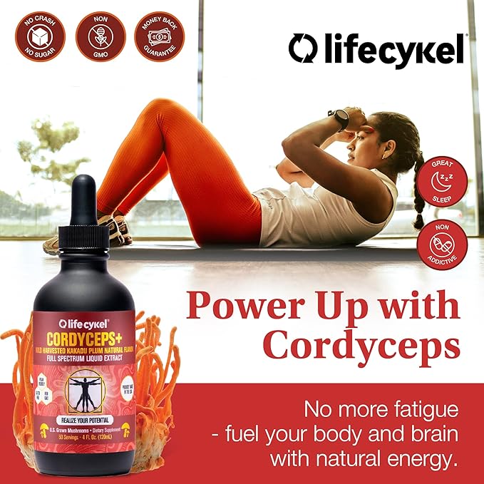 Lifecykel Cordyceps Mushroom Extract w/Kakadu Plum- Natural Energy Supplement for Fatigue & Stamina- Mycelium Vitamin C Antioxidants Non-GMO Organic Mushrooms Made in US, 2 Fl oz (Packaging May Vary)