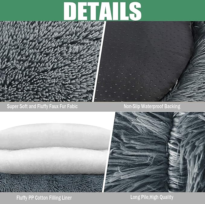 Calming Faux Fur Dog Beds Calming Donut Cuddler Dog Bed Washable Round Cat Bed Pillow Cuddler Fluffy Indoor Dog Calming Beds with Anti Slip Bottom Solid Color Light Grey 35 Inch