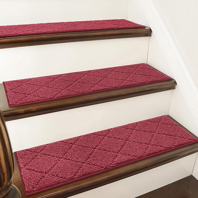 COSY HOMEER Edging Stair Treads Non-Slip Carpet Mat 28inX9in Indoor Stair Runners for Wooden Steps, Edging Stair Rugs for Kids and Dogs, 100% Polyester TPE Backing (10pc, Red)