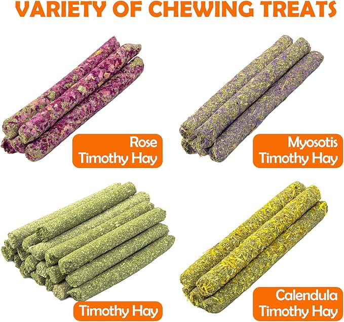 Sofier 32Pcs Timothy Hay Sticks 320g for Rabbit, Guinea Pig, Hamster - Natural Handmade Treats and Chews for Teeth - Chinchilla, Rat, Gerbil Toys