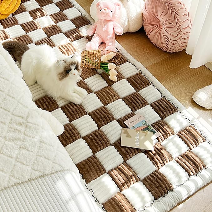 FunnyFuzzy Cream-Coloured Plaid Square Pet Mat Bed Couch Cover, Winter Thickened Dog Bed Cover Pet Blanket Sofa Couch Furniture Protector For Kids Dog Cat(Size:17.7*17.7 in,Color:Dark Brown)