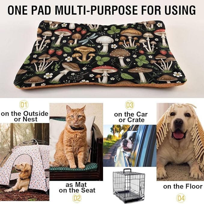 Emelivor Mushrooms Black Dog Cat Bed Washable Crate Pet Bed Anti-Slip Comfortable Dog Kennel Crate Mat for Indoor Small Medium Large Dogs,36x24in