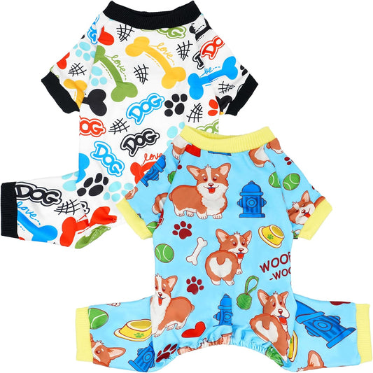 2PCS Dog Pajamas for Medium Sized Dog Pjs Clothes Puppy Onesies Outfits Pet Jammies Boy Girl Male Female Apparel Soft Strechy Paw Bone Print M
