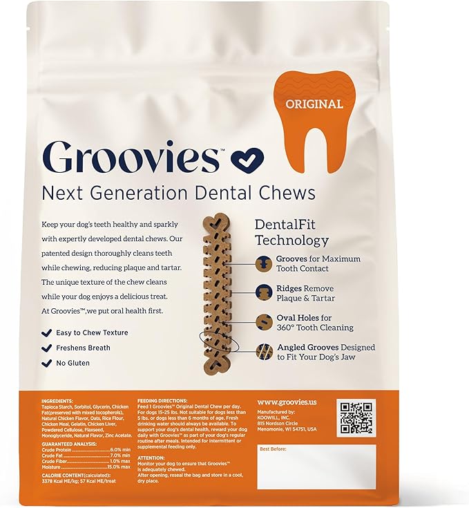 Groovies Flexible Dog Dental Chews with Patented DentalFit Technology to Help Support Tartar Control & Fresh Breath, Medium Dog Chews for 15-25 lb Dogs, USA Manufactured Oral Care, 10 Chews