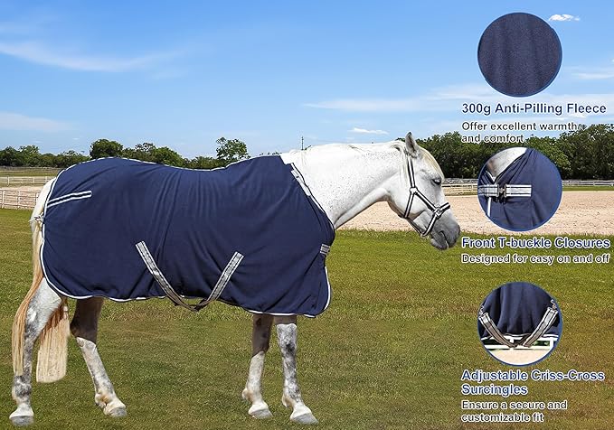 Horse Fleece Cooler, Blanket Liner - 300g Anti-Pilling Fleece, Moisture-Wicking, Cooling & Drying for Post-Workout, Bath & Travel, Prevent Overheating & Chilling Navy 72