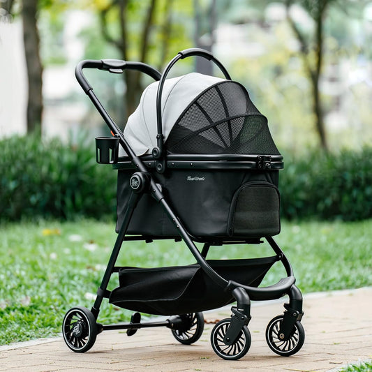 Pet Stroller for Small Dogs and Cats, One-Click Foldable Dog Stroller with Detachable Carrier & 3 Safety Tethers, Holds up to 33 lbs, Storage Basket & Cup Holder, Breathable Mesh, Black