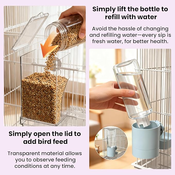 BAGHBPM No Mess Bird Feeder Water Dispenser Set,Automatic Parakeet Feeder Cage Accessories,Parrot Transparent Food Container Drinker for Cage,Canaries Budgies Lovebirds Cockatiels Finches (Blue)