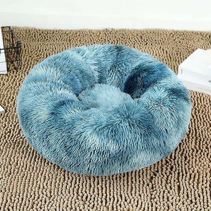 Calming Dog Bed for Small Dogs, Calming Donut Cuddler Pet Bed Anti Anxiety Round Dog Bed Fluffy Plush Faux Fur Cat Bed,Navy Blue,31.5IN