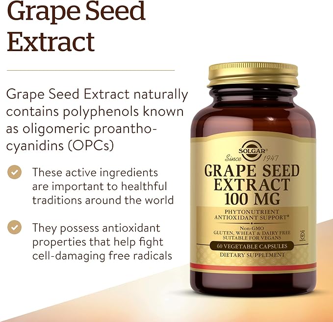 SOLGAR Grape Seed Extract 100 mg, 60 Vegetable Capsules - Phytonutrient Antioxidant Support - Vegan, Gluten Free, Dairy Free - 60 Servings