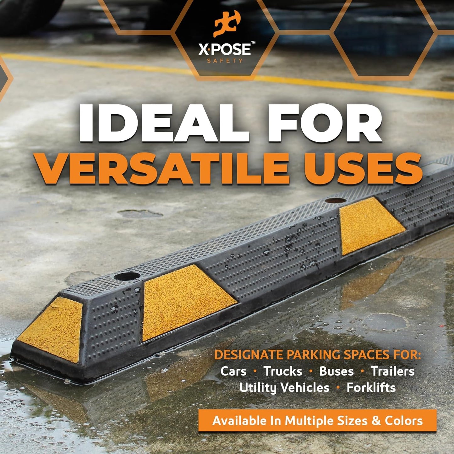 Xpose Safety 48" Heavy Duty Rubber Parking Stopper – 10 Pack Wheel Blocks for Garage, Driveway, or Ramp – Car Bumper Stop with Yellow Reflective Strips – Removable Floor Mount