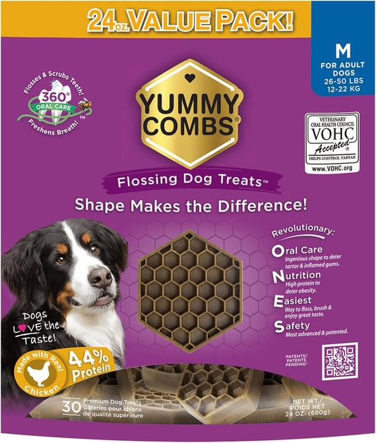 Dog Dental Treats – Vet VOHC Approved – Delicious Chicken Protein – Removes Tartar with Cleaning Comb Shape – Dental Dog Treats for Medium Dogs (24oz, 30 Count)
