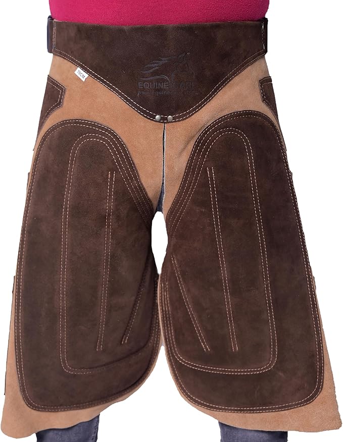 Equine Care Farrier Apron Chaps – Cowhide Suede Leather, Foam Padded Thigh and Back Support, Adjustable Waist, Tool Pockets, Magnetic Nail Holders (29 inches (70 cm))