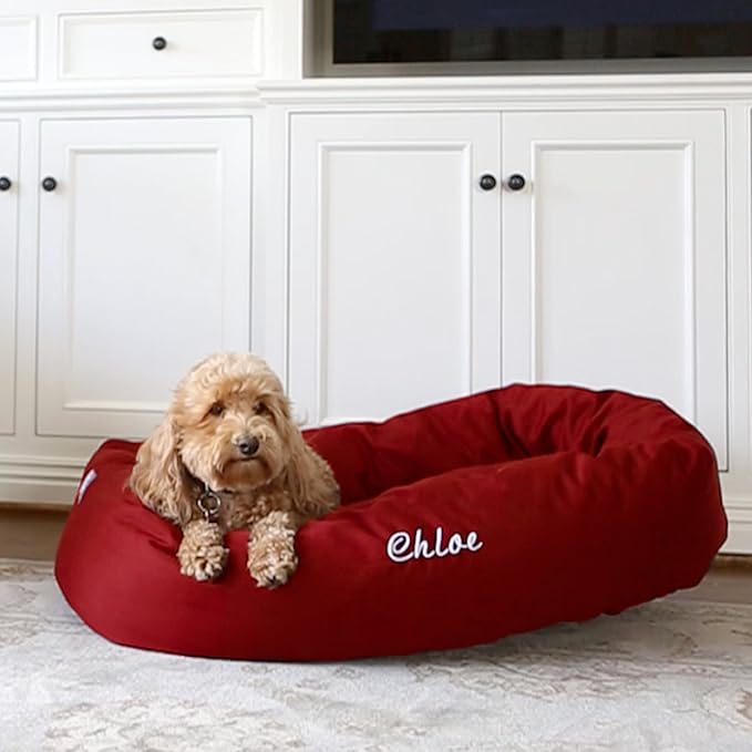 Majestic Pet Personalized Bagel Calming Dog Bed - Cozy Soft Round Washable Dog Bed - 40x29x9 Inch - Large Red
