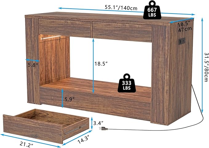 55–75 Gallon Aquarium Stand for Fish Tank & Turtle ,Reptile,Amphibian Terrariums, MDF Tabletop & Drawers, Reinforced Metal Frame, LED Lighting, Power Outlets (Rustic Brown)