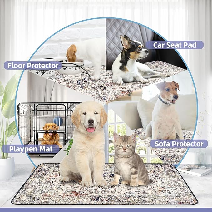 Washable Pee Pads for Dogs 2 Pack, 36" x 24" Reusable Puppy Pads Waterproof, Super Absorbent Dog Rugs, Leakproof, Dog Crate Pad, Playpen Mat, Whelping Pads, Vintage Medallion